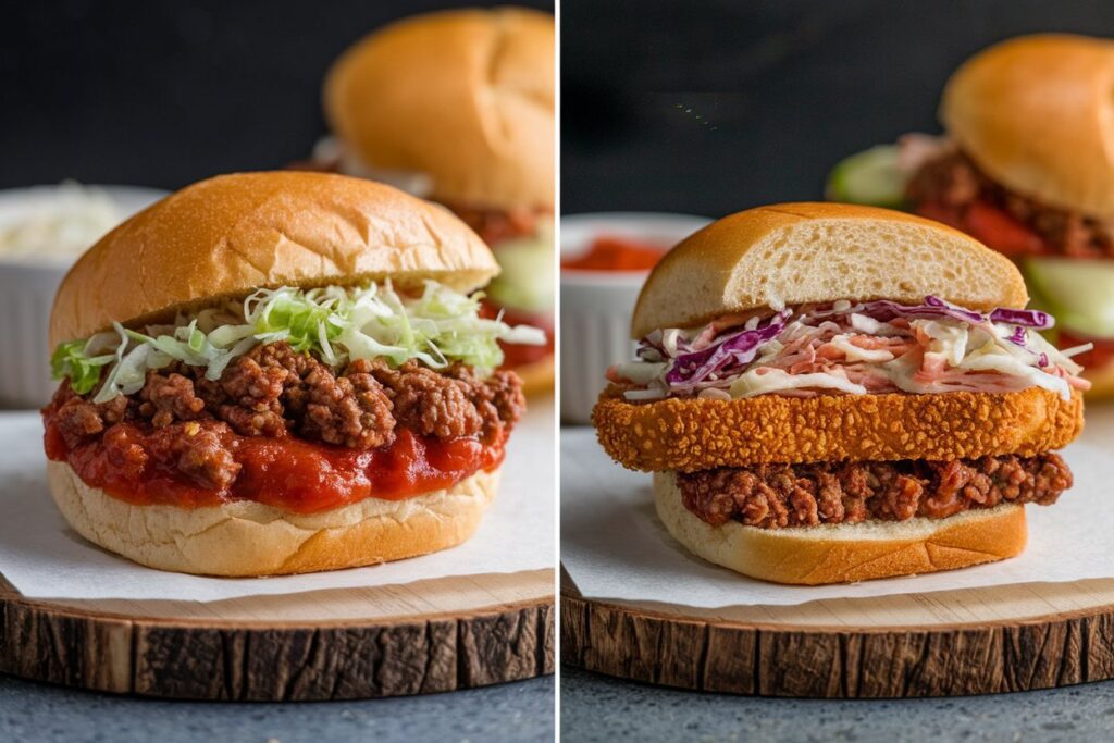 "A juicy, classic Sloppy Joe on a soft bun with ground beef spilling out, topped with melted cheddar and pickles. Next to it, a lighter Sloppy Jane made with ground turkey, served with a fresh garden salad, and garnished with avocado slices, showcasing the healthier twist on the traditional dish."